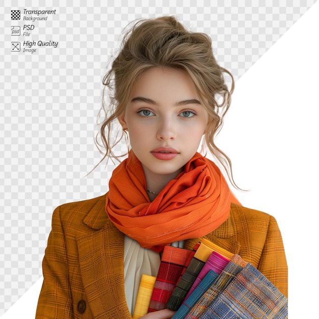 PSD giovane donna alla moda con tessuti colorati e sciarpa arancione