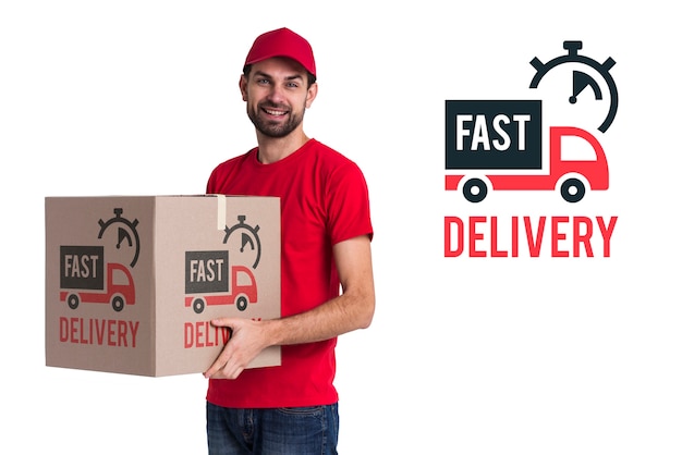 PSD fast delivery and man in red costume