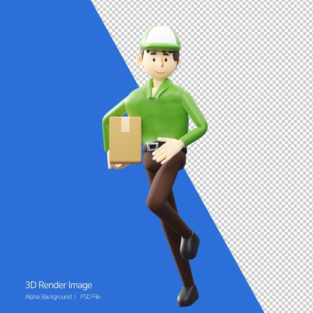 Fast Delivery service conceptdeliveryman is running and holding a box 3d rendering cartoon illustration