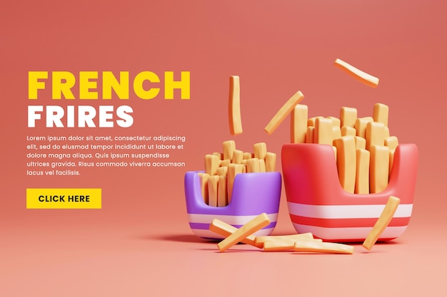 PSD fast food banner with french fries or 3d fast food web header banner or 3d food website banner