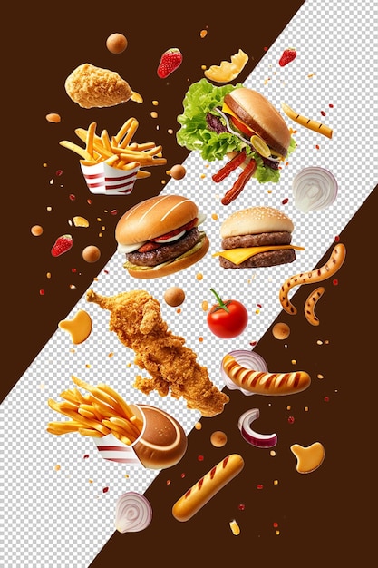 PSD fast food banner with realistic hamburger french fries and vegetables