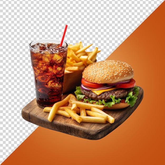 PSD fast food board with hamburger french fries on transparent background