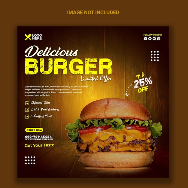 PSD Шаблон поста в социальных сетях и реклама гамбургеров быстрого питания