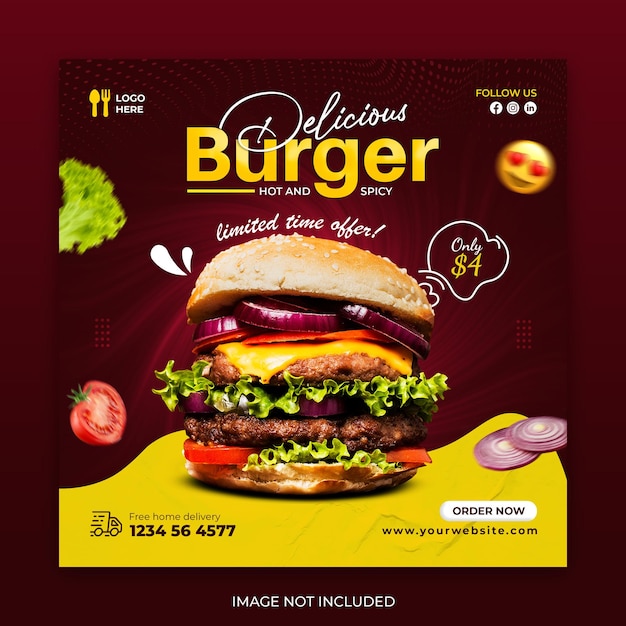 Fast Food Burger Social Media Szablon Projektu Banera Post na Instagramie Premium Psd