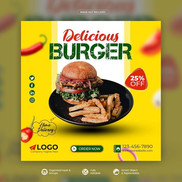 Fast food burger and special food menu social media promotion banner psd template