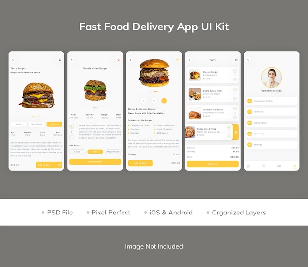 PSD kit interfaccia utente dell'app fast food delivery