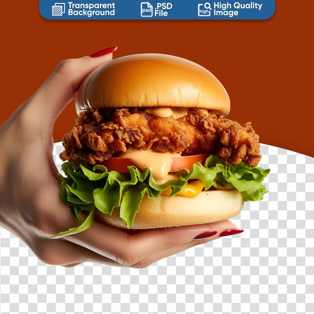 Fast food feast close up photo of a fried chicken burger in a womans hand