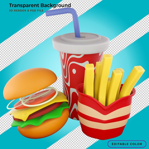 PSD Гамбургер быстрого приготовления, картофель фри и безалкогольный напиток 3d иллюстрация