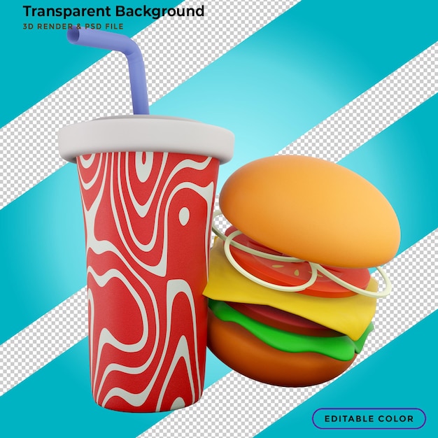 PSD fast food hamburger, fries and soft drink 3d illustration