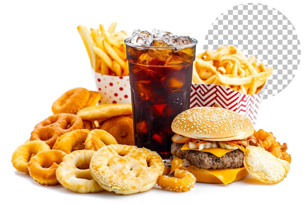 PSD fast food i niezdrowe jedzenie koncepcja bliska frytki i hamburger na przezroczystym tle