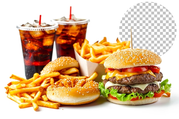 PSD fast food i niezdrowe jedzenie koncepcja bliska frytki i hamburger na przezroczystym tle