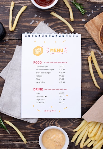 PSD mock-up di concetto del menu degli alimenti a rapida preparazione