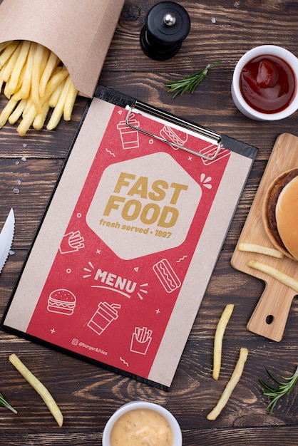 PSD mock-up di concetto del menu degli alimenti a rapida preparazione