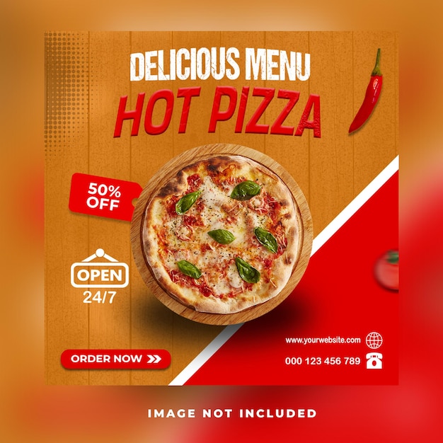 Fast food menu hot pizza sale promotion square flyer social media web banner post design template