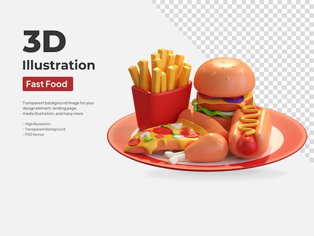 Menu fast food nell'icona dell'illustrazione 3d della piastra