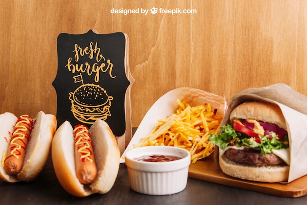 Fast food mockup with hot dogs and hamburger