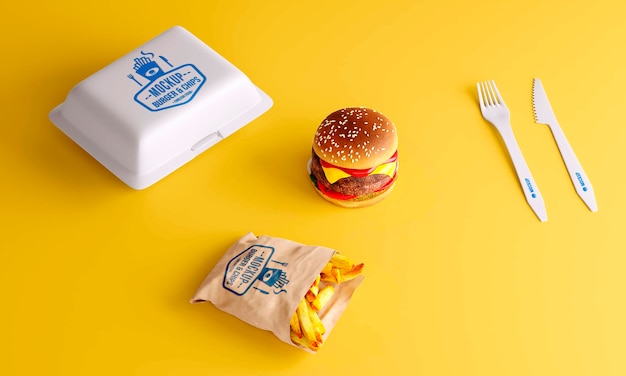 PSD mockup di vista dall'alto dell'imballaggio di fast food