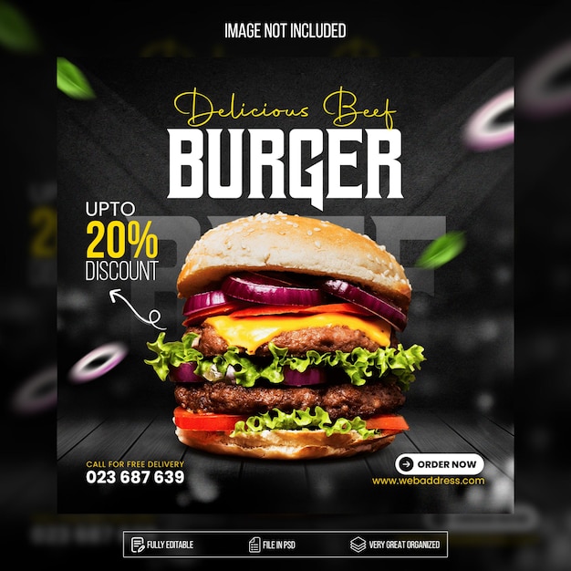 Fast food restaurant menu ontwerp en hamburger social media ontwerp promotie banner sjabloon psd