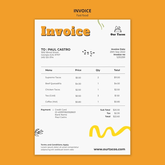 PSD fast food and tacos restaurant invoice template