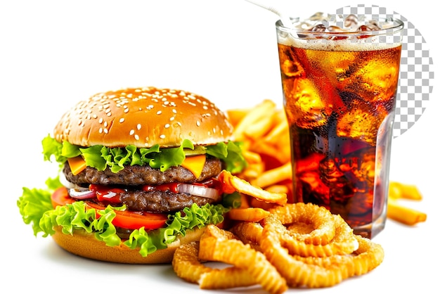 Fast food and unhealthy eating concept close up of fries and burger on transparent background