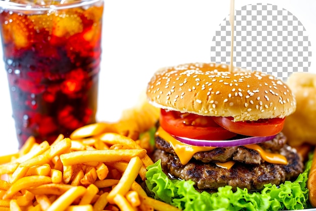 Fast food and unhealthy eating concept close up of fries and burger on transparent background