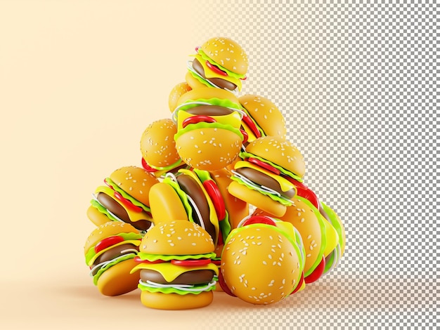 Fast food and unhealthy junk nutrition concept isolated 3d pile of burgers or hamburgers fastfood diet fatty fried restaurant takeaway harmful snacks with bread cheese and meat