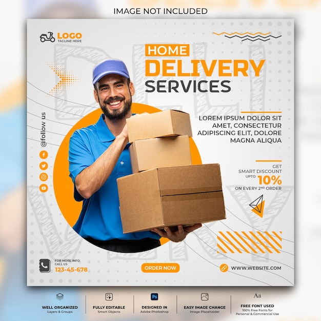 PSD fast home delivery service marketing social media post template