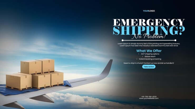 PSD fast shipping rush order banner template with illustration of cardboard boxes on an airplane wing in flight against a sky background