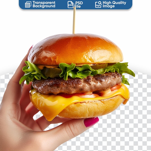 Fastfood klassieker close up foto van een vrouw met een hand die een heerlijke cheeseburger vasthoudt