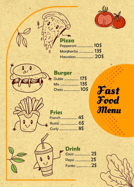 Fastfood menu in cartoon stijl