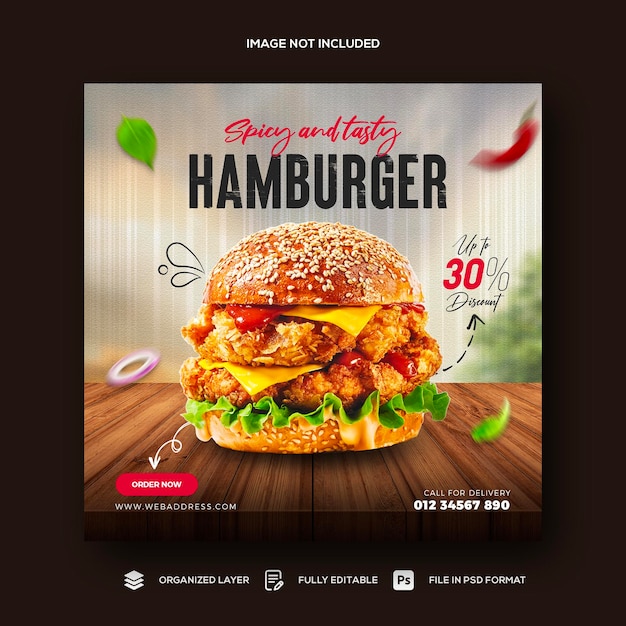 Menu del ristorante fastfood e modello di banner di promozione sui social media di hamburger