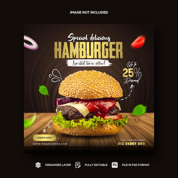 Fastfood restaurant menu and burger social media promotion banner template