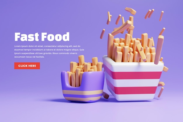 Fastfoodbanner met frietjes of 3d fastfood webheaderbanner of 3d food websitebanner