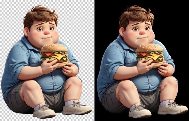 PSD ragazzo grasso che mangia hamburger t-shirt design