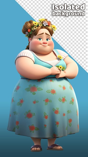 PSD a fat girl in a blue dress with flowers on her head