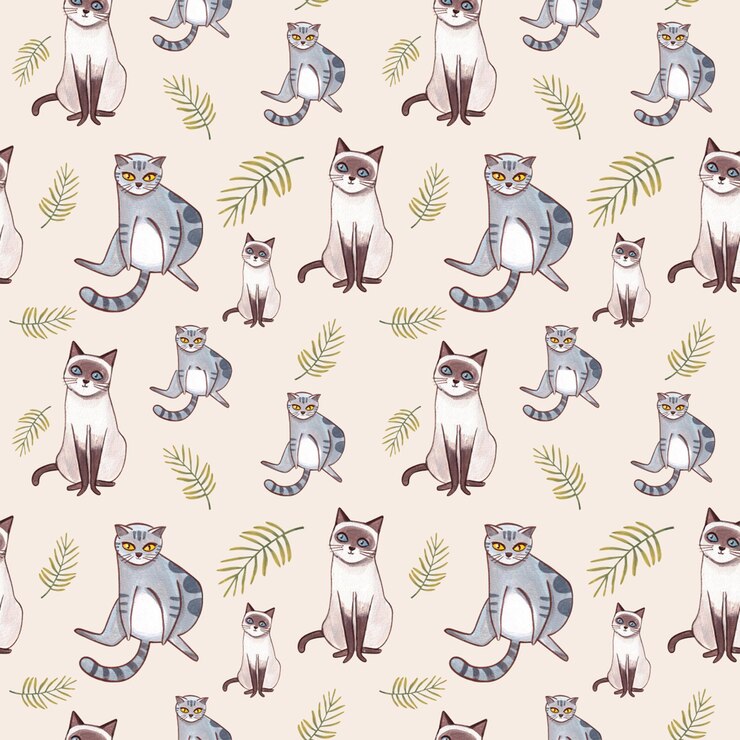 PSD a fat gray cat sits comfortably near a green leaf stalk handdrawn watercolor seamless pattern