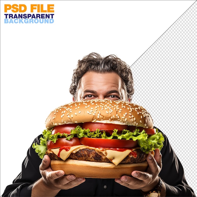 PSD fat man eating a burger on transparent background