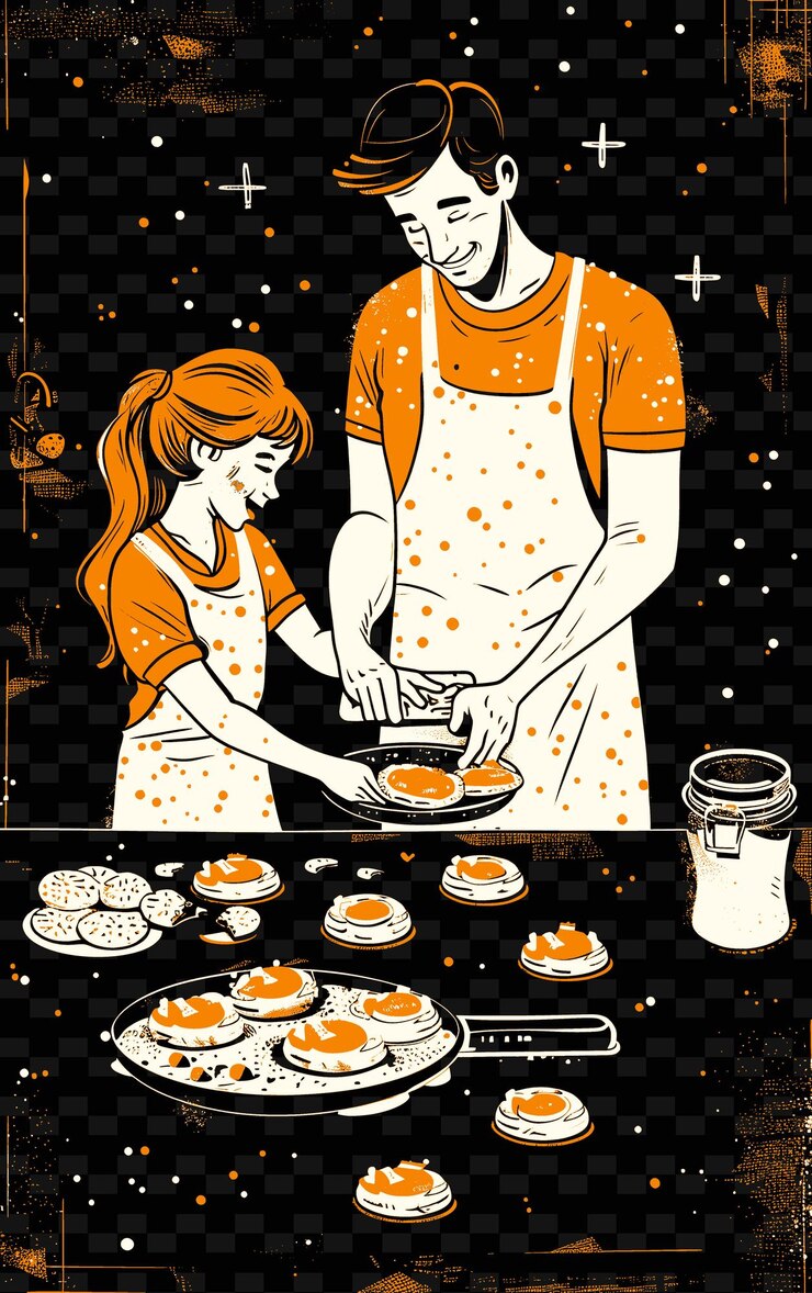 PSD father and daughter baking cookies in a kitchen with a sweet png illustration art work designs