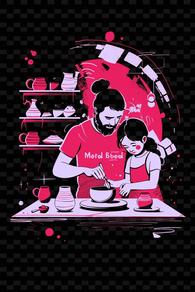 PSD 父亲和女儿一起在陶器中创造陶器 s png插图艺术作品设计