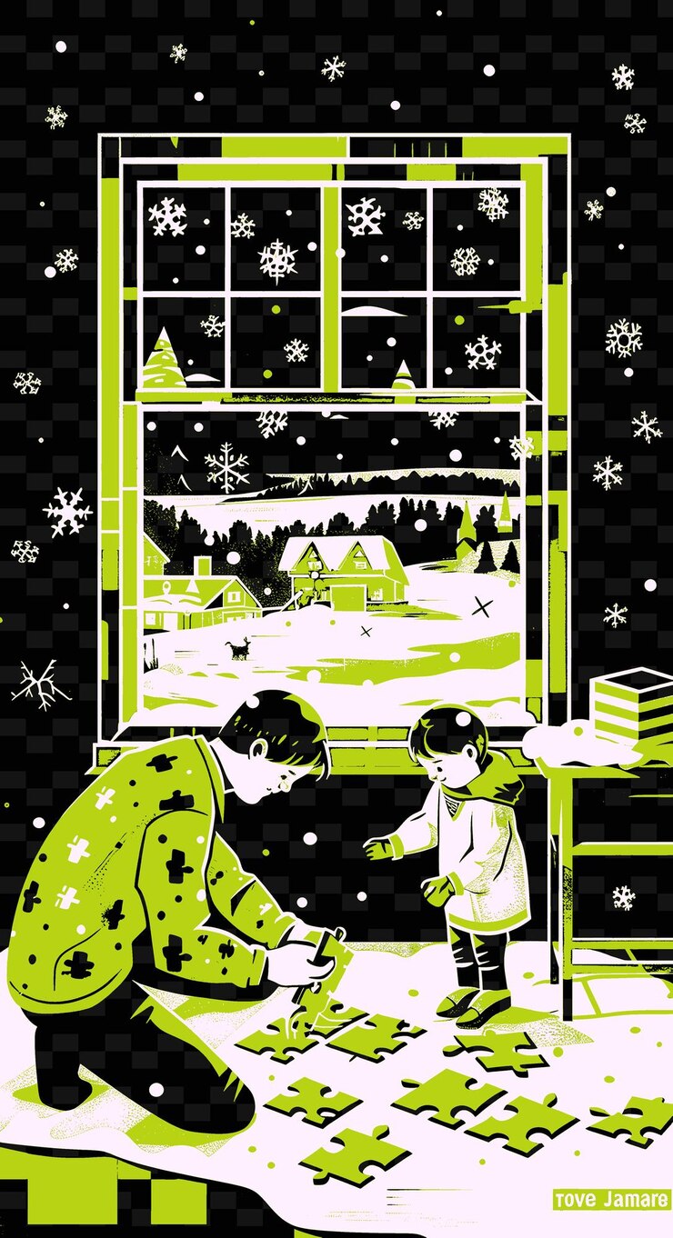 PSD father and daughter doing a puzzle in a room with a window v png illustration art work designs
