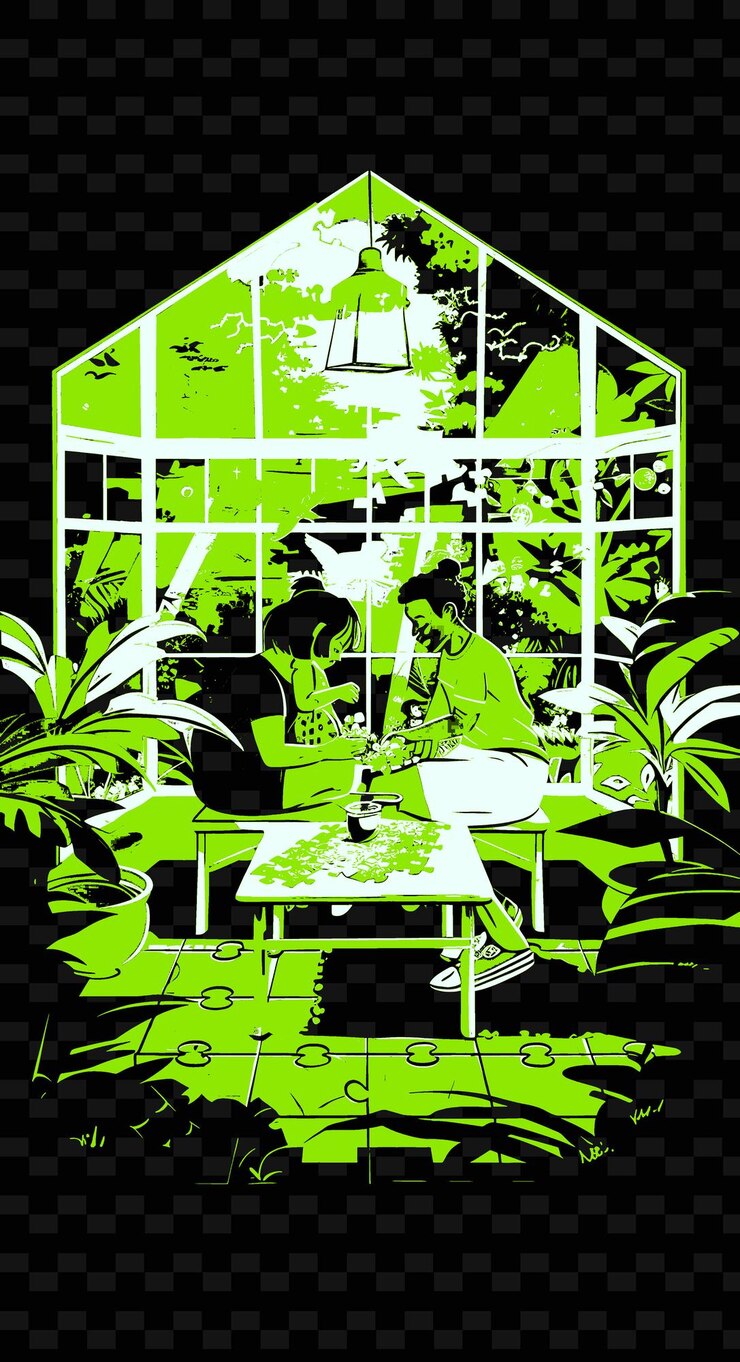PSD father and daughter doing a puzzle in a sunroom with a relax png illustration art work designs