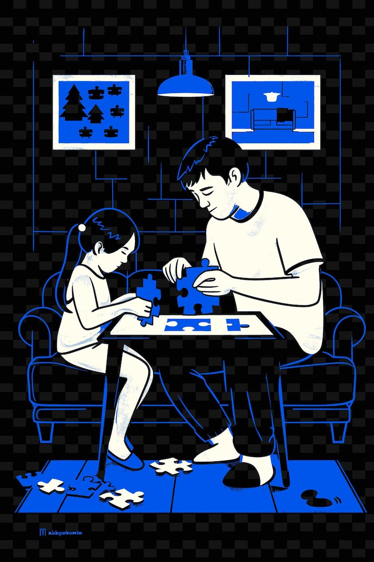 PSD father and daughter doing a puzzle together in a living room png illustration art work designs