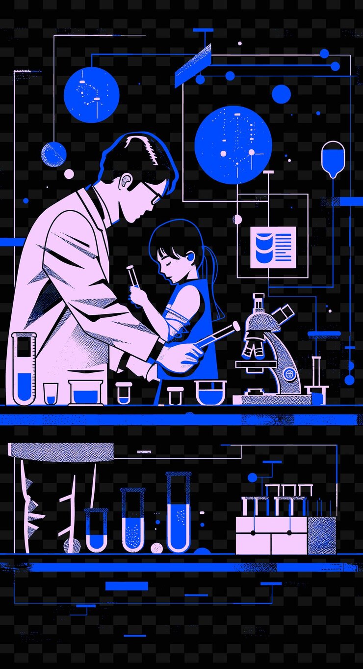 PSD 父親和女兒在實驗室中進行科學實驗,用png插圖藝術作品設計