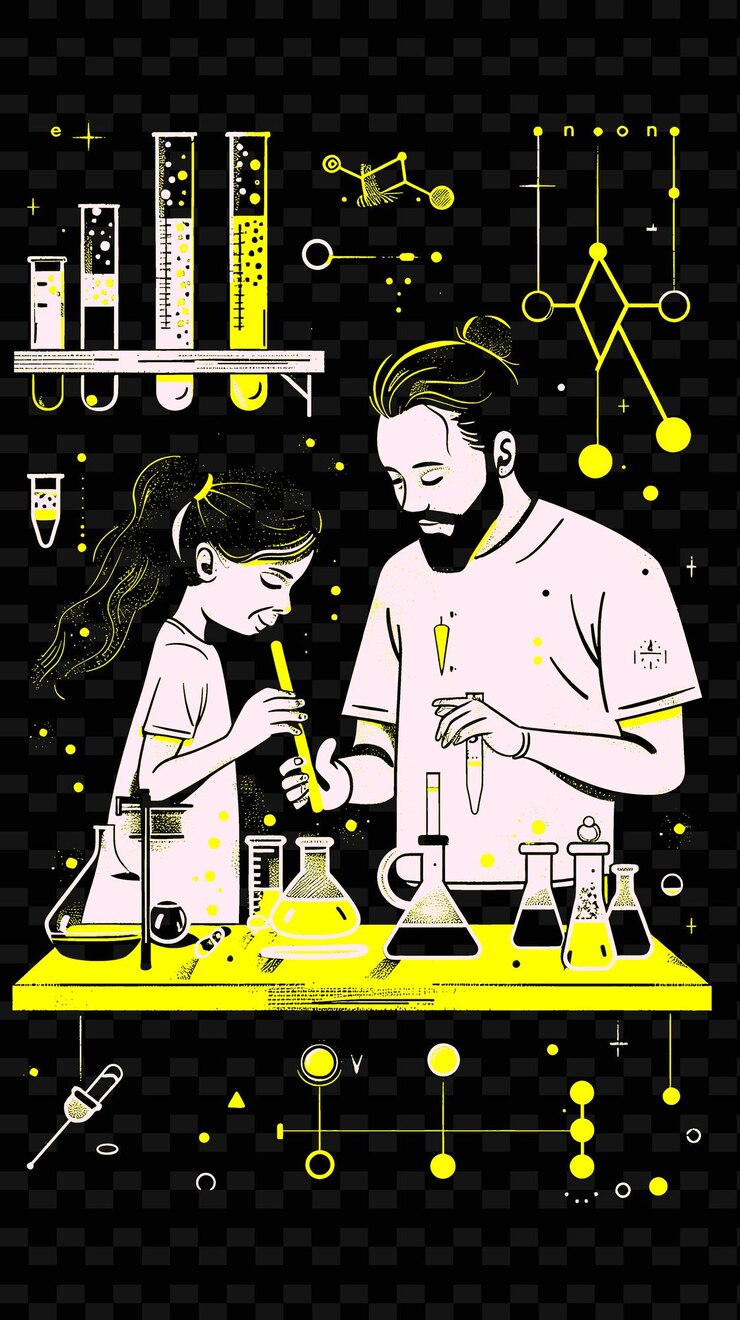 PSD father and daughter doing science experiments together in a png illustration art work designs