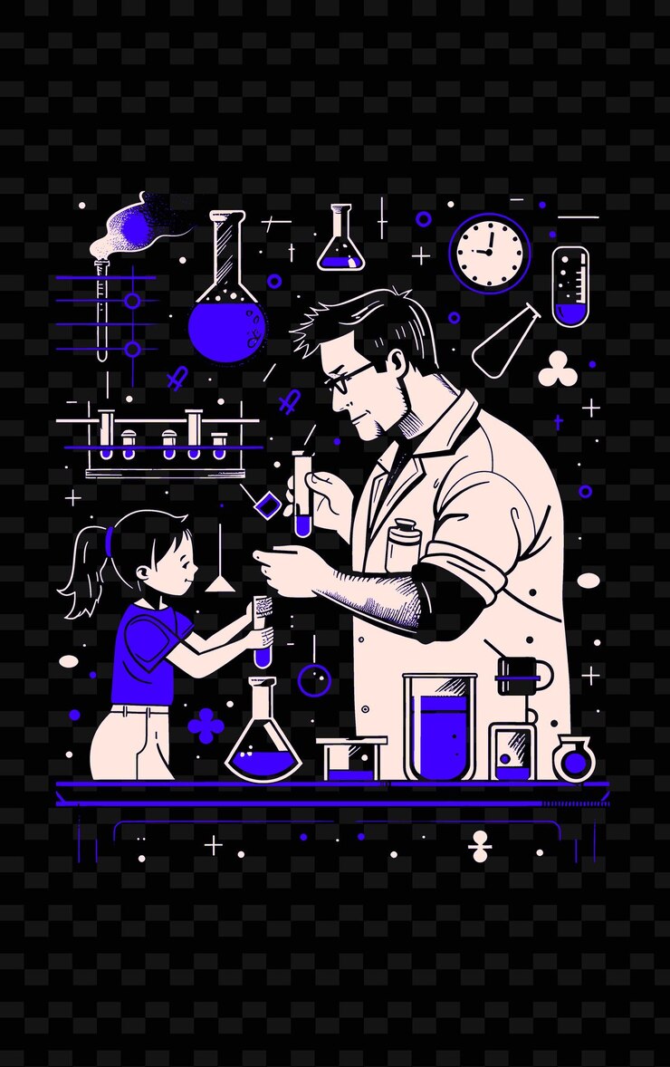 PSD father and daughter doing science experiments together in a png illustration art work designs