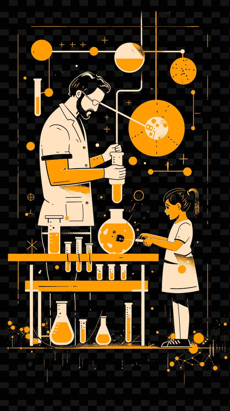 PSD father and daughter doing science experiments together in a png illustration art work designs