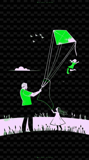 father and daughter flying a kite in a field whimsical poste png illustration art work designs