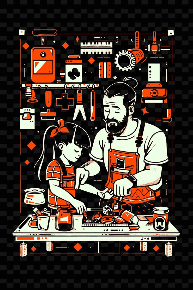 PSD 父亲和女儿一起在作品中进行diy项目 png插图艺术作品设计