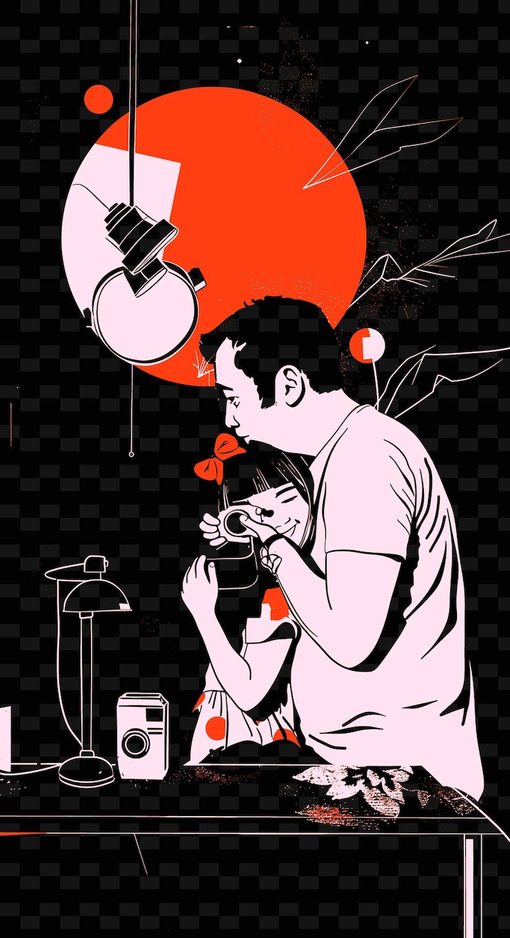 PSD father and daughter having a photography session together in png illustration art work designs