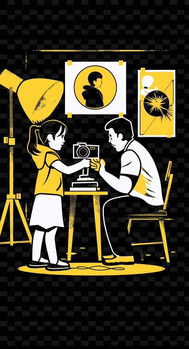 PSD father and daughter having a photography session together in png illustration art work designs